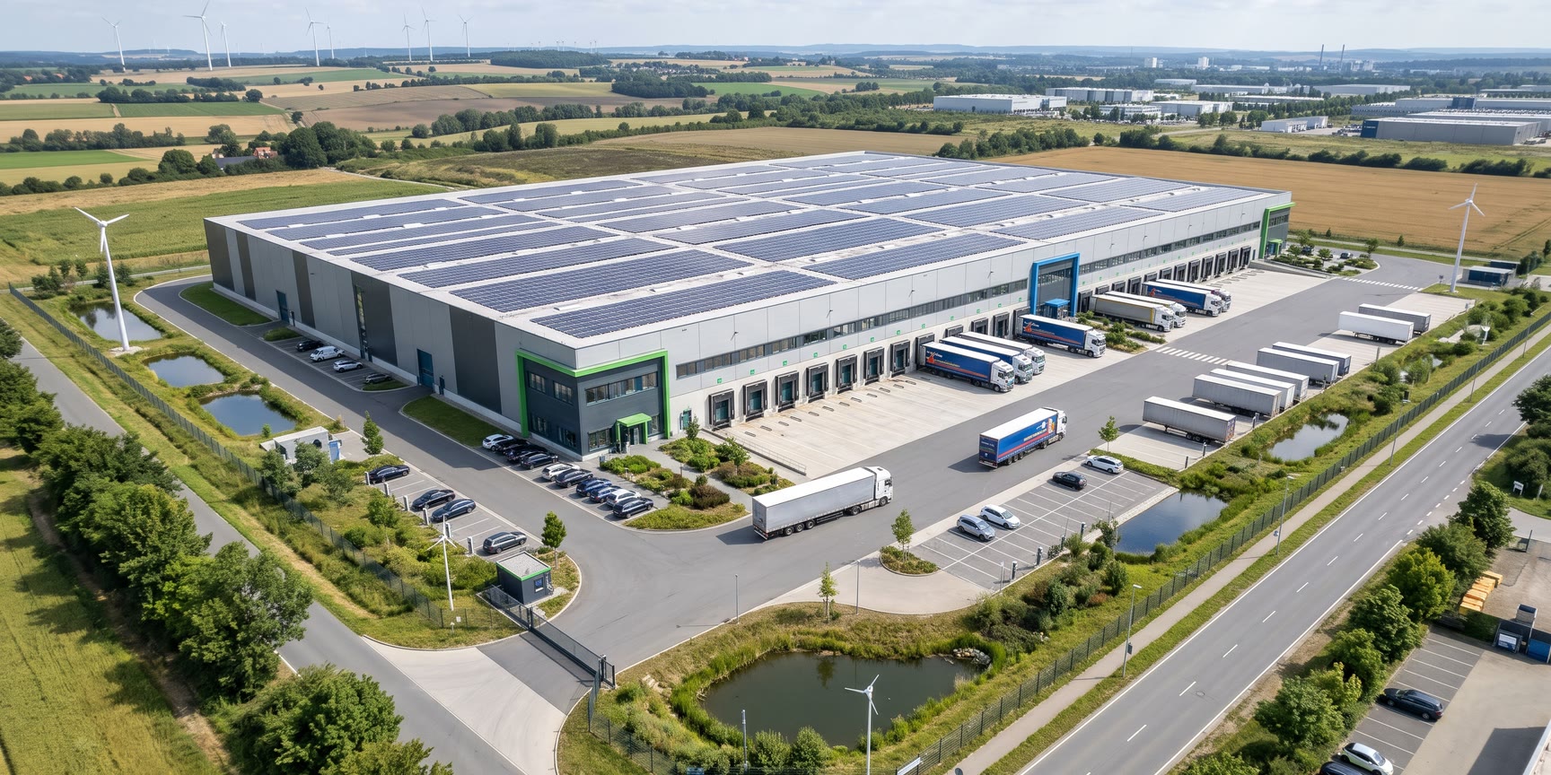 Moderne Logistikimmobilie in NRW mit Photovoltaik und Verladetoren. Symbol für Gewerbesteuerkürzung und Vorsteuerabzug bei der Hallenvermietung.